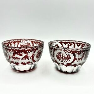 2 Vintage Egermann Bohemian Ruby Red 4" Dessert Dip Bowls Deer Stag Rabbit